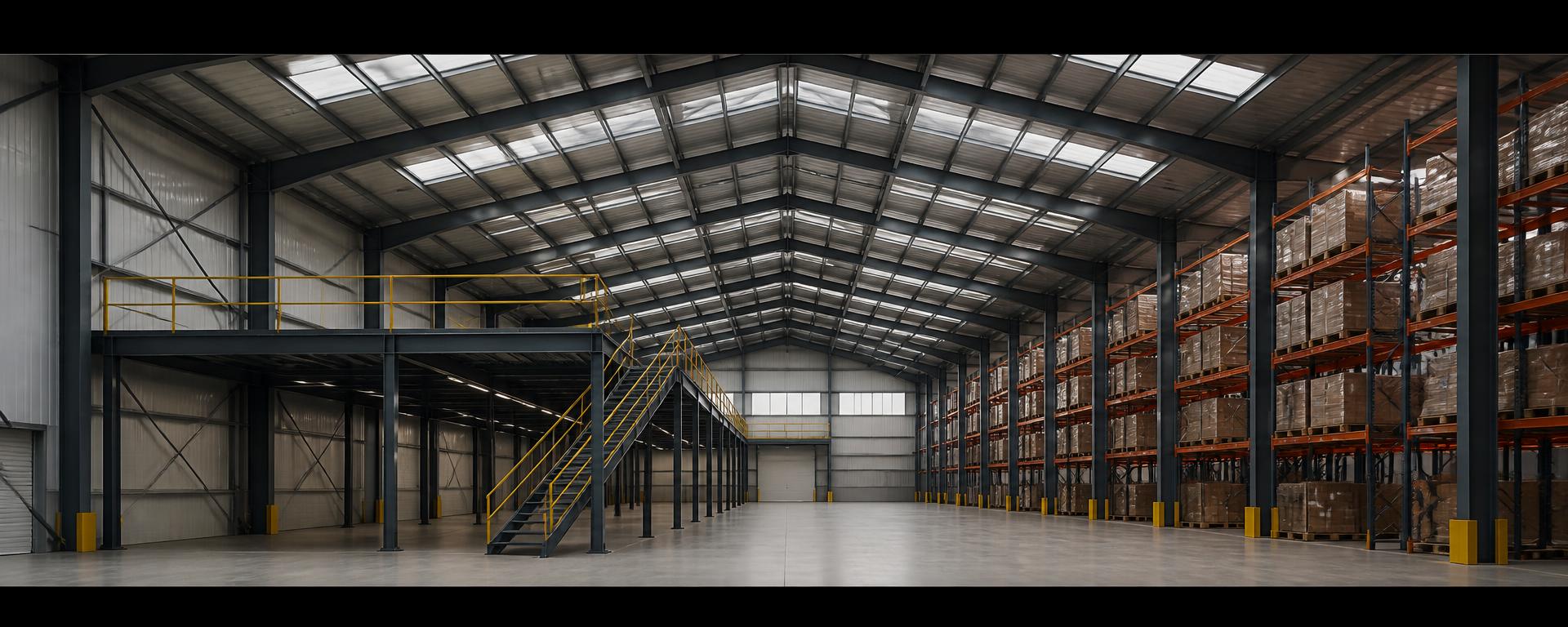 Steel portal frame warehouse interior with a mezzanine platform and tall pallet racking