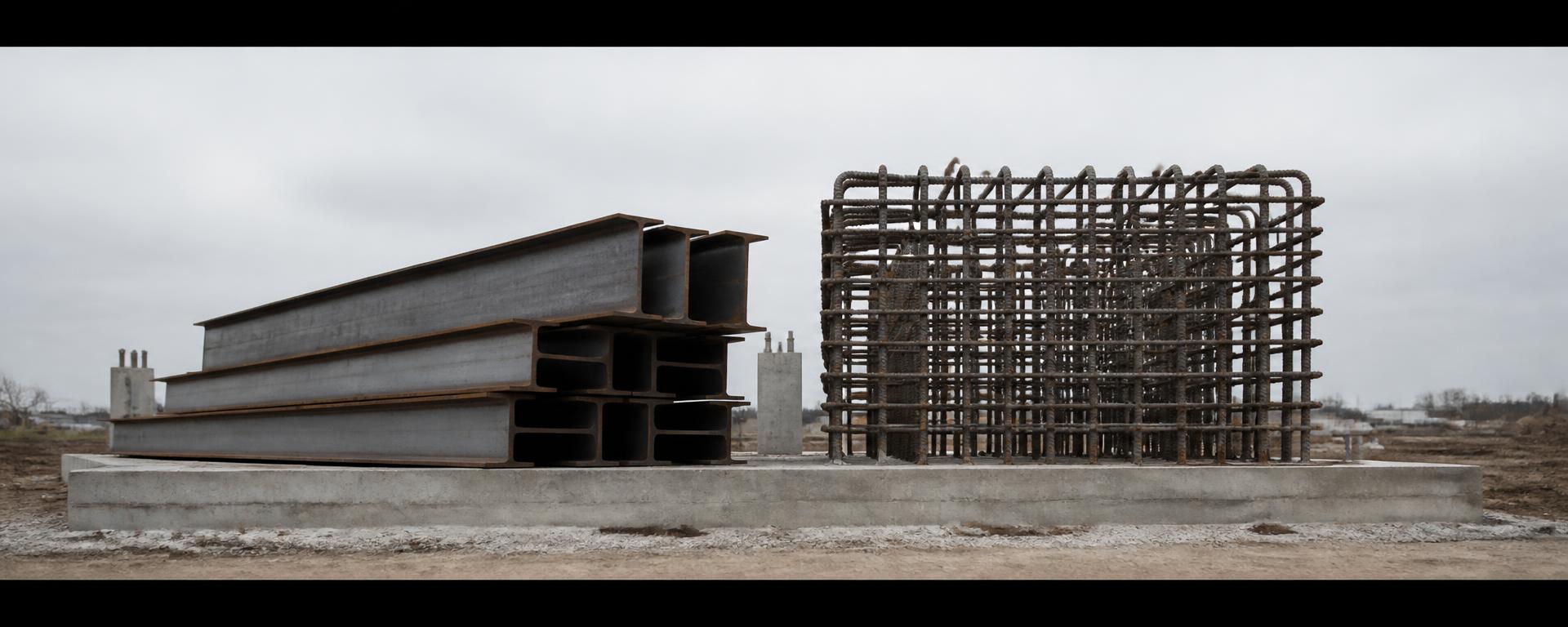 Steel beams stacked on a poured concrete footing beside a tall tied reinforcement cage on a cleared site