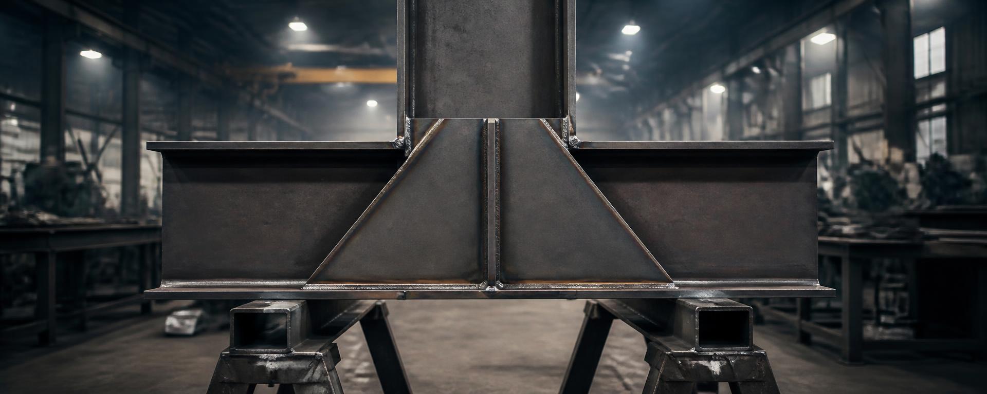 Welded beam-to-column connection with gusset plates, sitting on steel trestles in a fabrication workshop