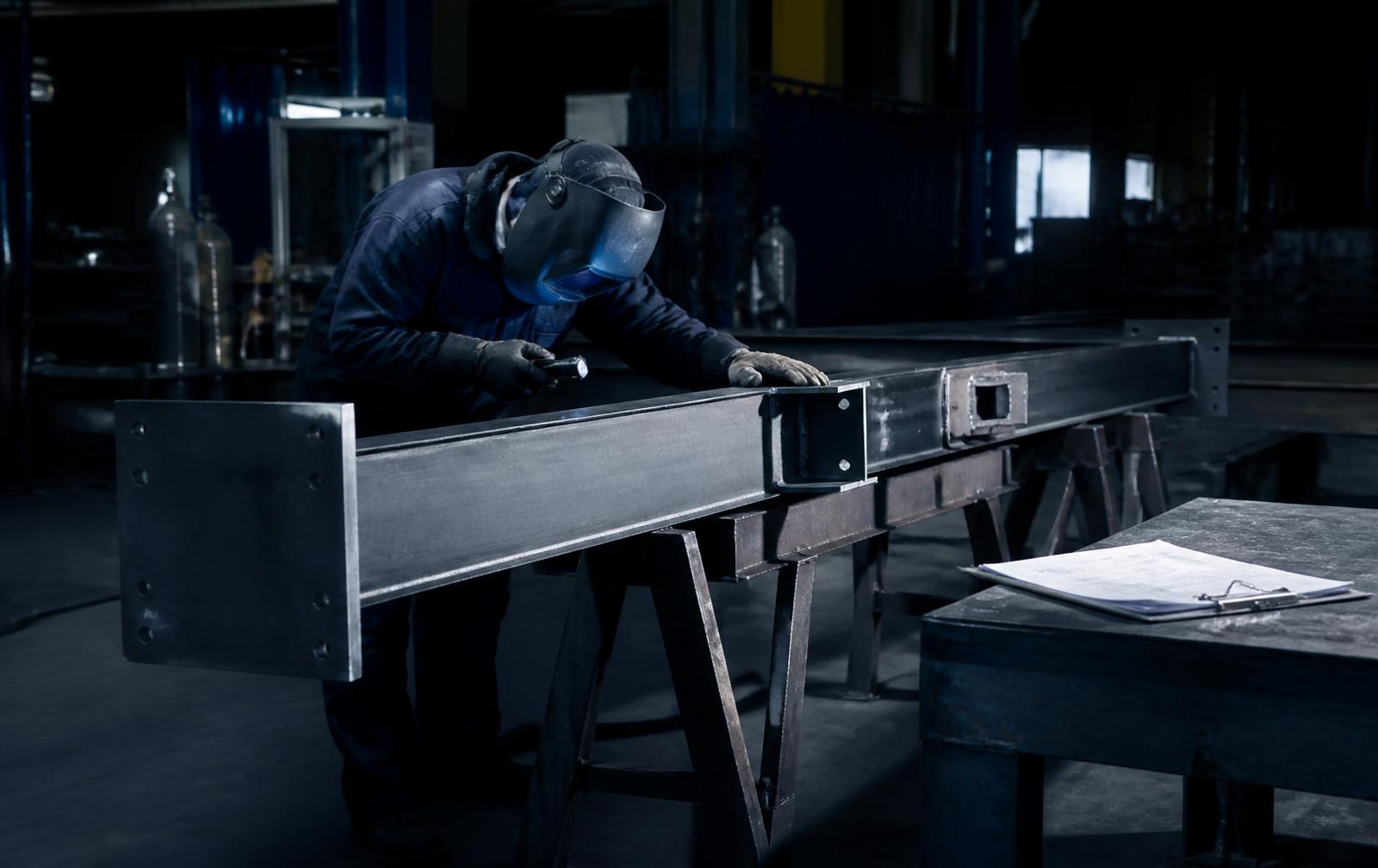 Fabricated steel beam being checked over on trestles in a workshop
